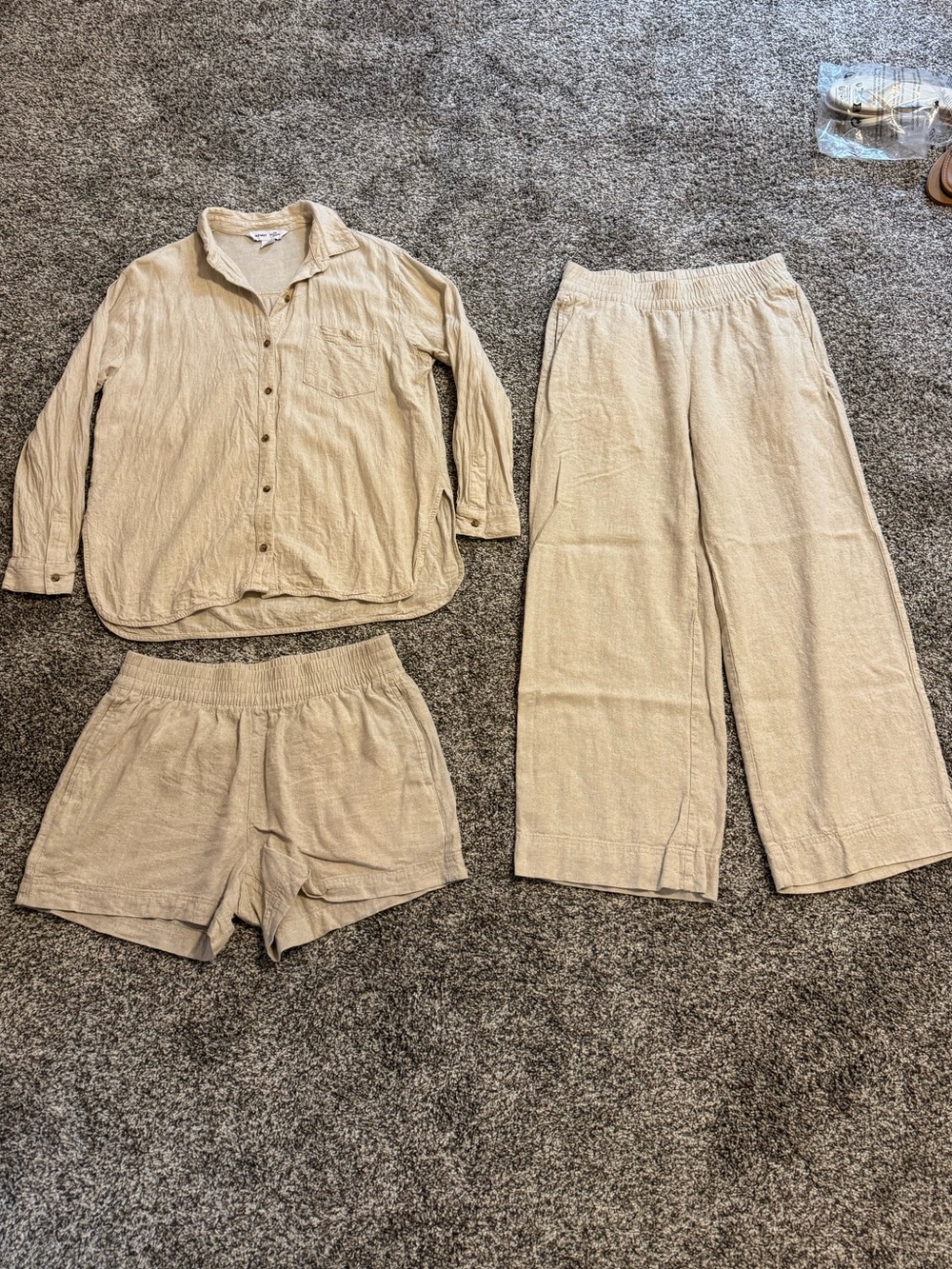 Old Navy Linen Blend Cream Three-Piece Set - Button-Up Top, Shorts & Pants